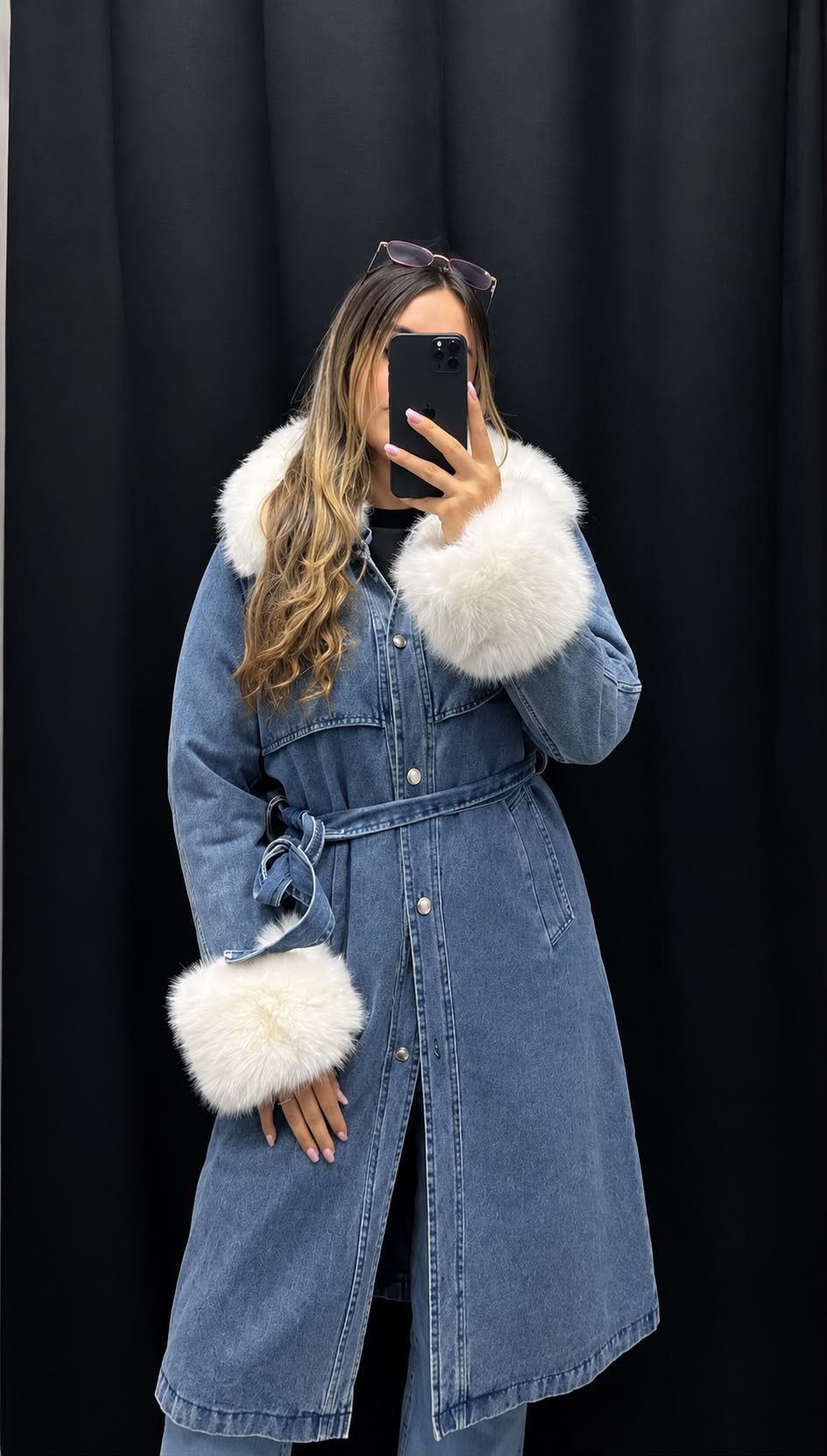 Abrigo denim con pelo